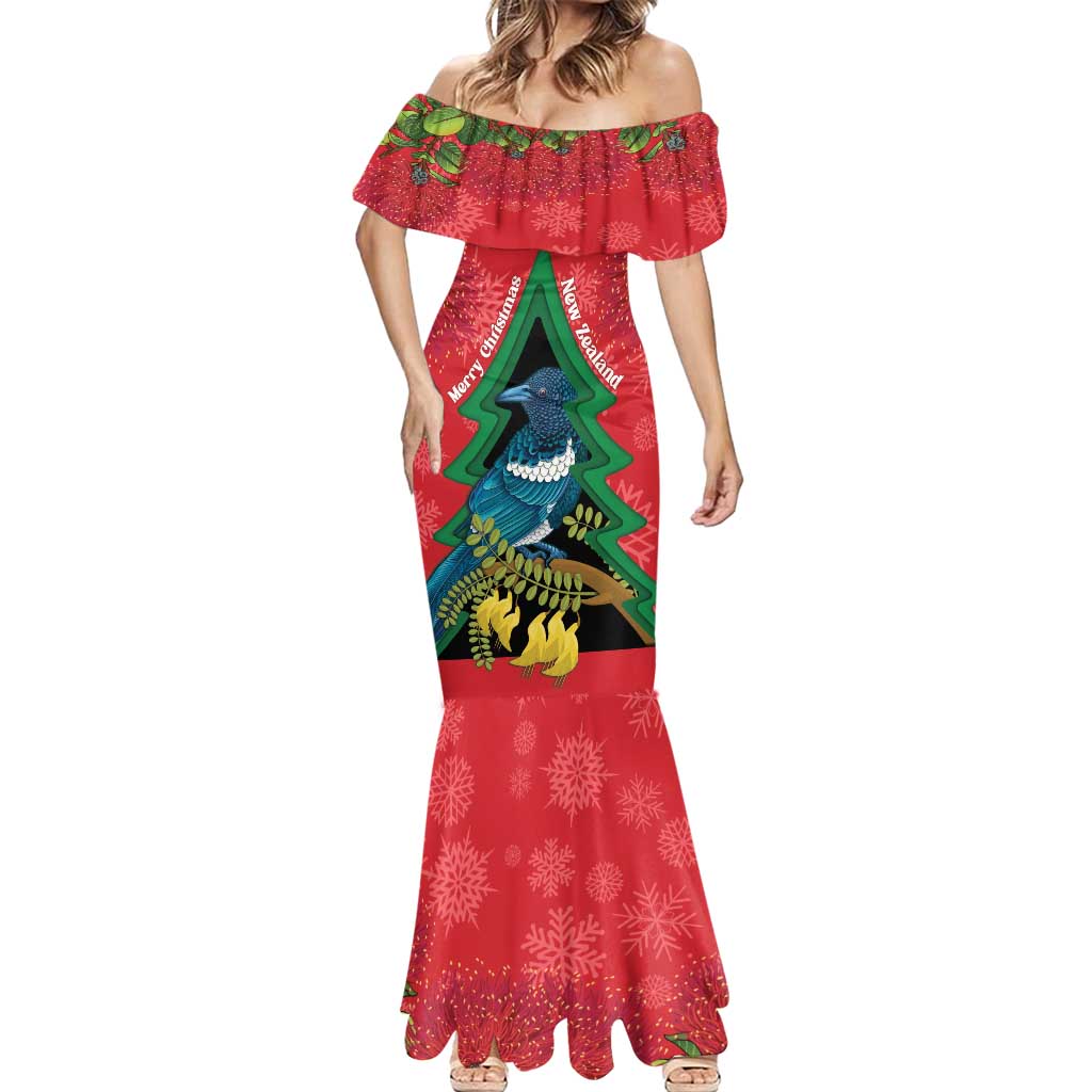 New Zealand Christmas In July Mermaid Dress Kowhai Tui Bird With Pohutukawa - Red