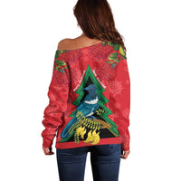 New Zealand Christmas In July Off Shoulder Sweater Kowhai Tui Bird With Pohutukawa - Red