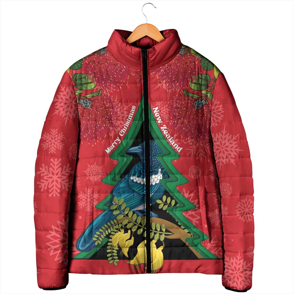 New Zealand Christmas In July Padded Jacket Kowhai Tui Bird With Pohutukawa - Red - Polynesian Pride