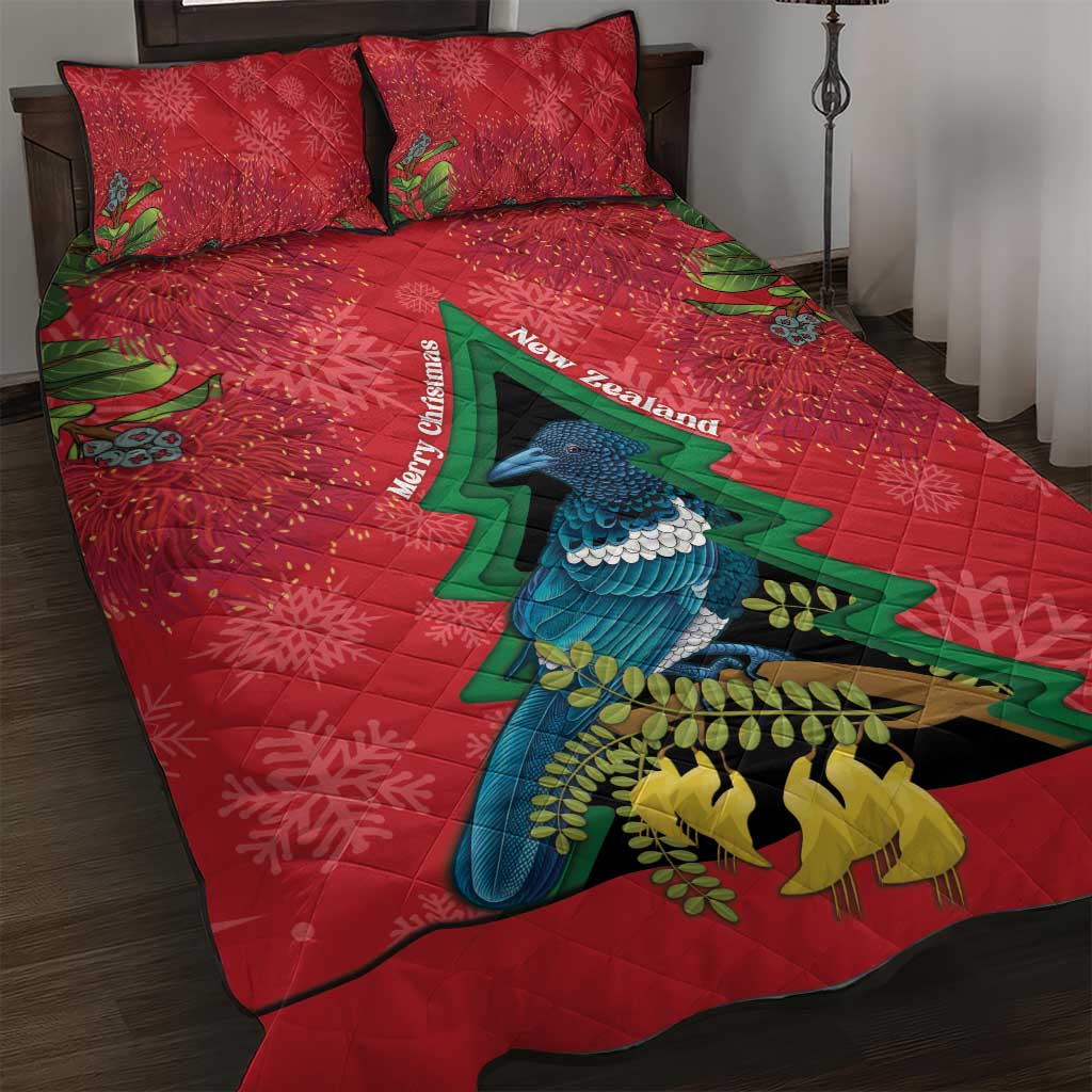New Zealand Christmas In July Quilt Bed Set Kowhai Tui Bird With Pohutukawa - Red