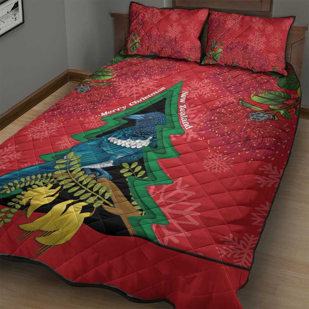 New Zealand Christmas In July Quilt Bed Set Kowhai Tui Bird With Pohutukawa - Red