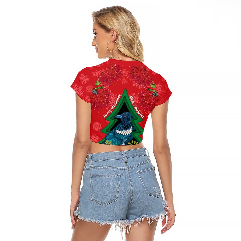 New Zealand Christmas In July Raglan Cropped T Shirt Kowhai Tui Bird With Pohutukawa - Red