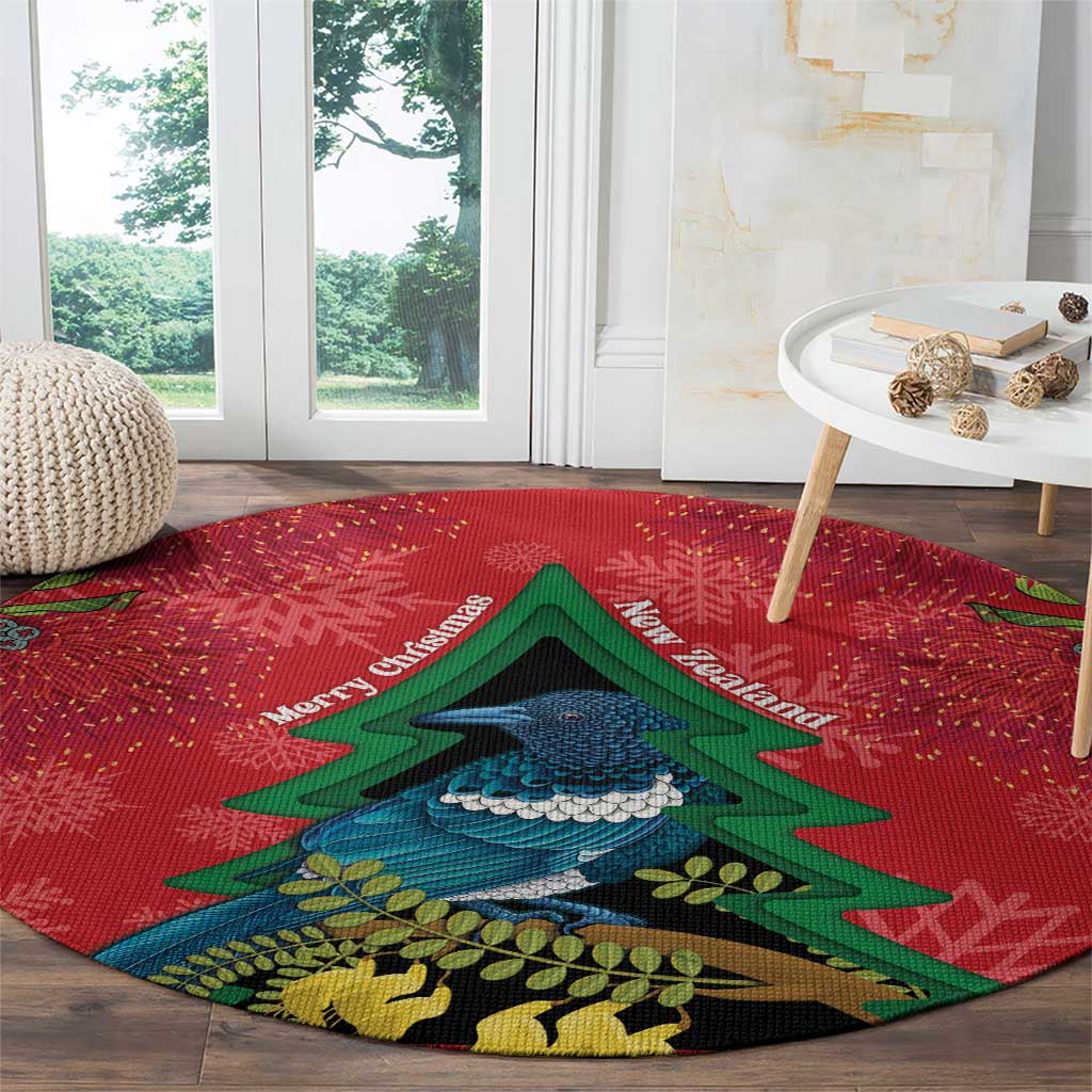 New Zealand Christmas In July Round Carpet Kowhai Tui Bird With Pohutukawa - Red