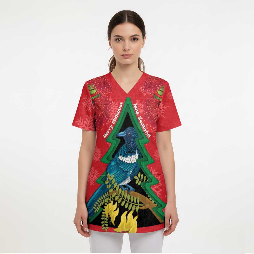 New Zealand Christmas In July Scrub Top Kowhai Tui Bird With Pohutukawa - Red - Polynesian Pride