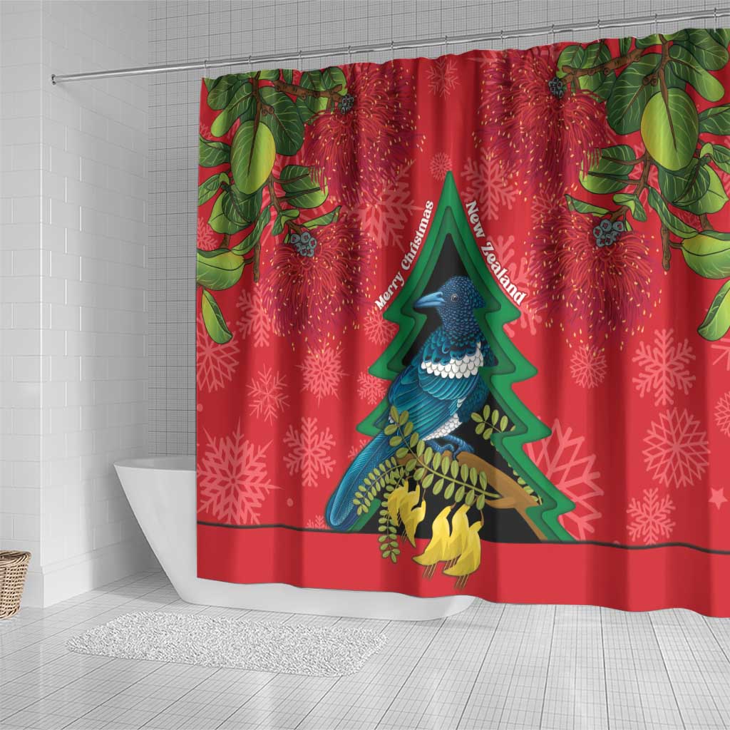 New Zealand Christmas In July Shower Curtain Kowhai Tui Bird With Pohutukawa - Red