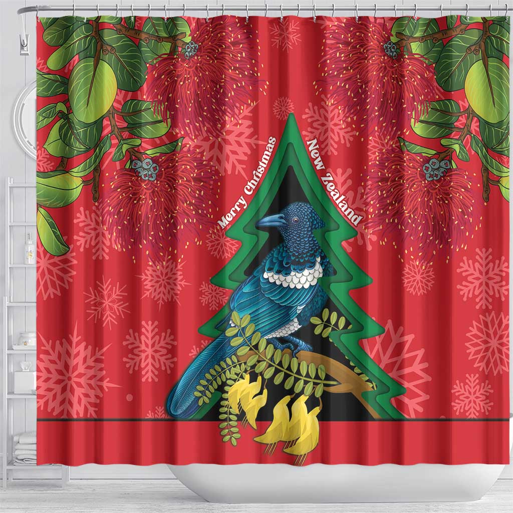 New Zealand Christmas In July Shower Curtain Kowhai Tui Bird With Pohutukawa - Red
