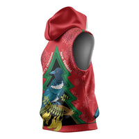 New Zealand Christmas In July Sleeveless Hoodie Kowhai Tui Bird With Pohutukawa - Red - Polynesian Pride