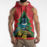 New Zealand Christmas In July Sleeveless Hoodie Kowhai Tui Bird With Pohutukawa - Red - Polynesian Pride