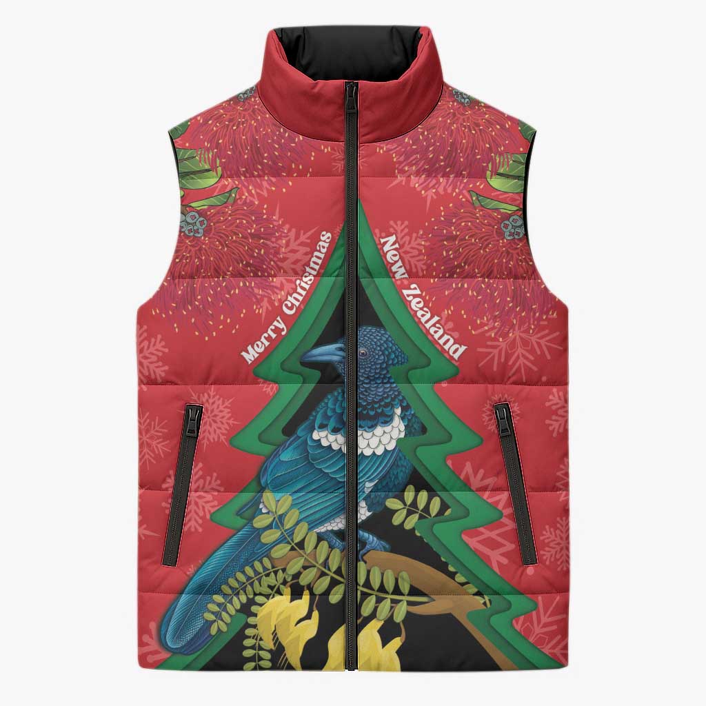 New Zealand Christmas In July Sleeveless Puffer Jacket Kowhai Tui Bird With Pohutukawa - Red - Polynesian Pride