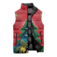 New Zealand Christmas In July Sleeveless Puffer Jacket Kowhai Tui Bird With Pohutukawa - Red - Polynesian Pride