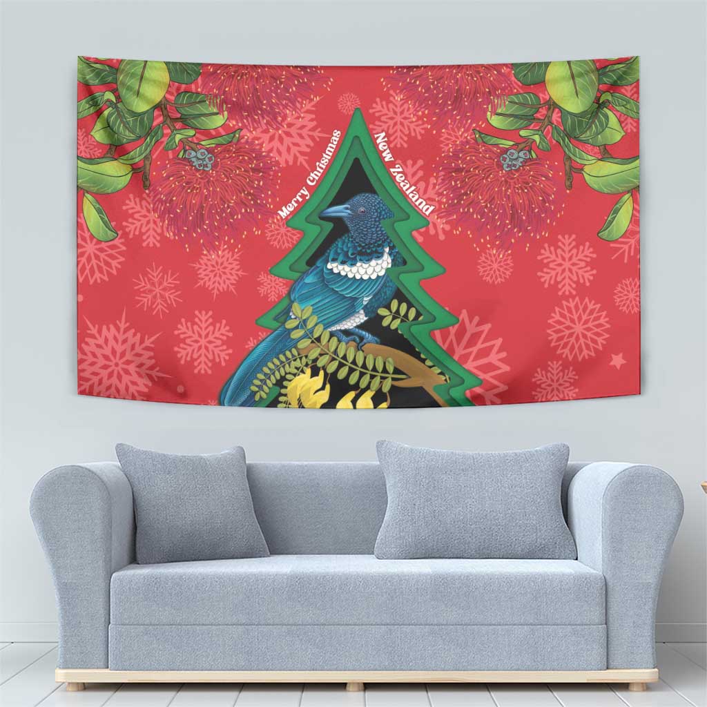 New Zealand Christmas In July Tapestry Kowhai Tui Bird With Pohutukawa - Red