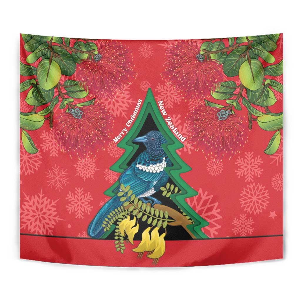 New Zealand Christmas In July Tapestry Kowhai Tui Bird With Pohutukawa - Red