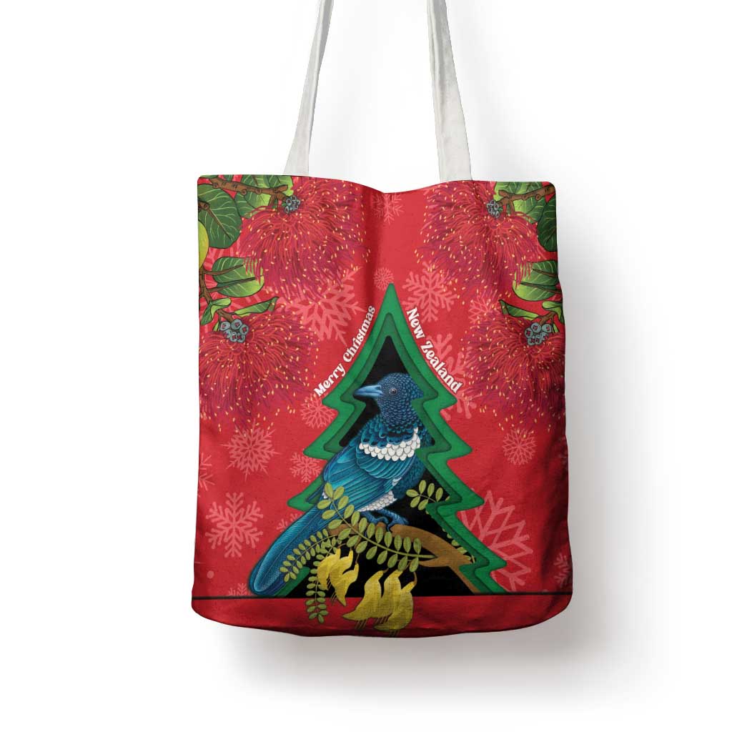 New Zealand Christmas In July Tote Bag Kowhai Tui Bird With Pohutukawa - Red - Polynesian Pride