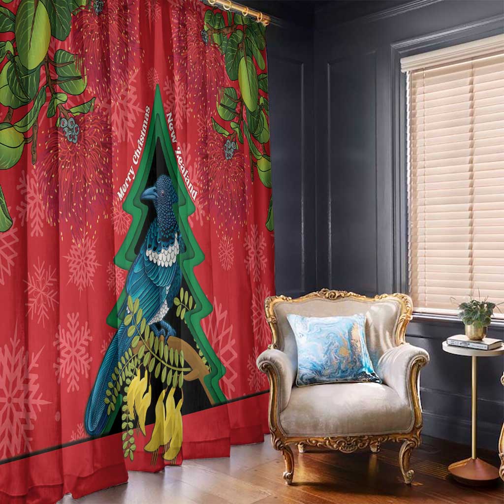 New Zealand Christmas In July Window Curtain Kowhai Tui Bird With Pohutukawa - Red