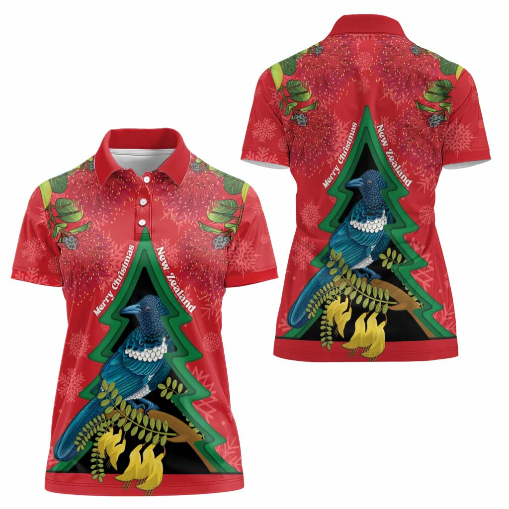 New Zealand Christmas In July Women Polo Shirt Kowhai Tui Bird With Pohutukawa - Red