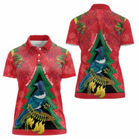 New Zealand Christmas In July Women Polo Shirt Kowhai Tui Bird With Pohutukawa - Red
