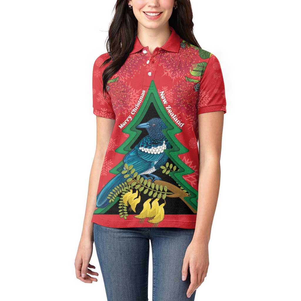 New Zealand Christmas In July Women Polo Shirt Kowhai Tui Bird With Pohutukawa - Red