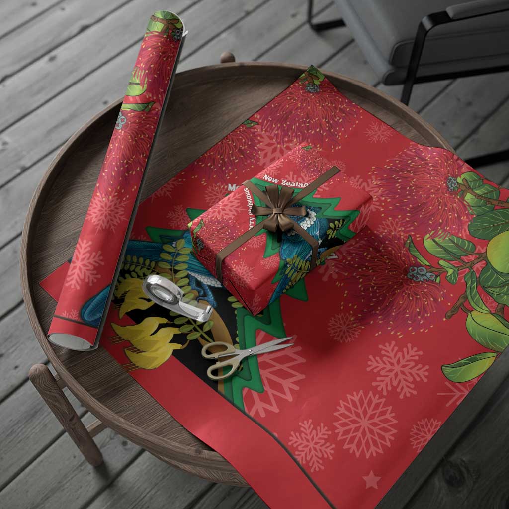 New Zealand Christmas In July Wrapping Paper Kowhai Tui Bird With Pohutukawa - Red - Polynesian Pride
