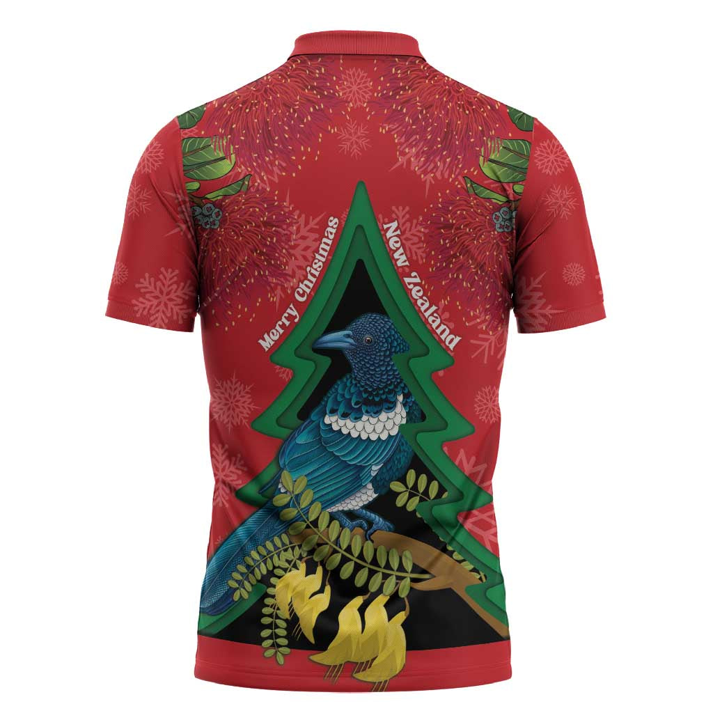 New Zealand Christmas In July Zipper Polo Shirt Kowhai Tui Bird With Pohutukawa - Red - Polynesian Pride