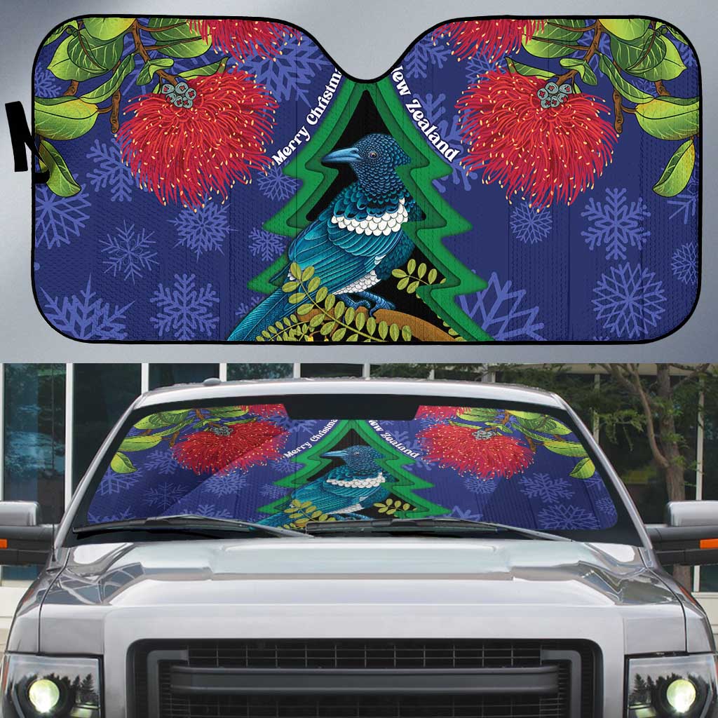 New Zealand Christmas In July Auto Sun Shade Kowhai Tui Bird With Pohutukawa - Blue - Polynesian Pride