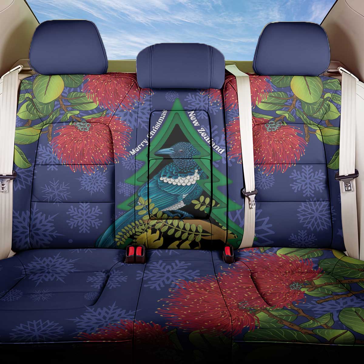 New Zealand Christmas In July Back Car Seat Cover Kowhai Tui Bird With Pohutukawa - Blue