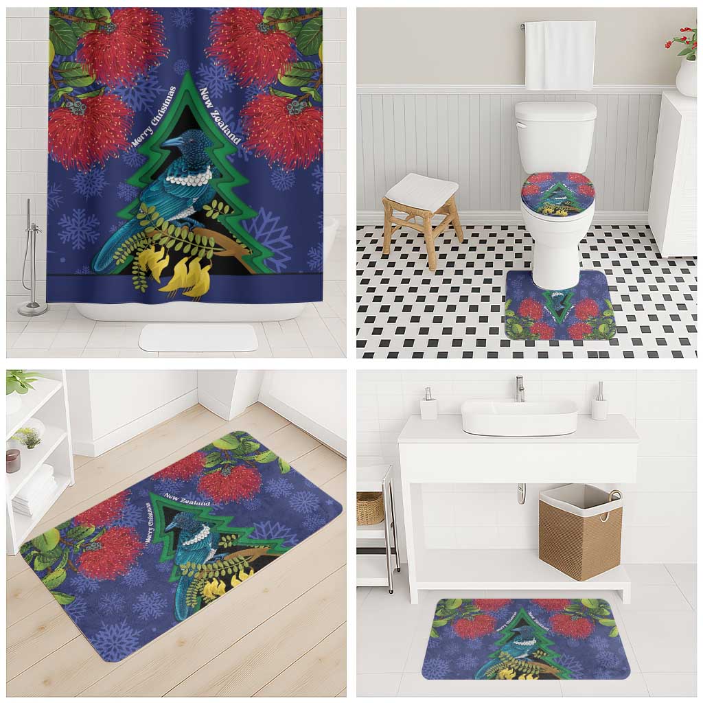 New Zealand Christmas In July Bathroom Set Kowhai Tui Bird With Pohutukawa - Blue - Polynesian Pride