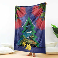 New Zealand Christmas In July Blanket Kowhai Tui Bird With Pohutukawa - Blue