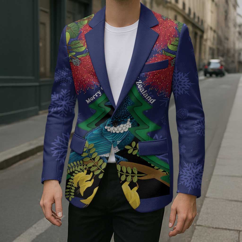 New Zealand Christmas In July Blazer Kowhai Tui Bird With Pohutukawa - Blue - Polynesian Pride