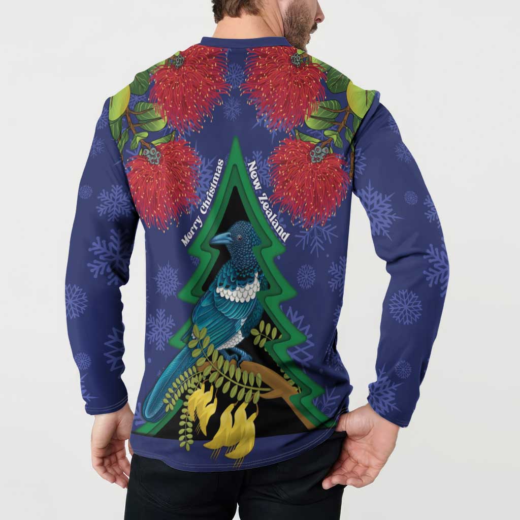 New Zealand Christmas In July Button Sweatshirt Kowhai Tui Bird With Pohutukawa - Blue