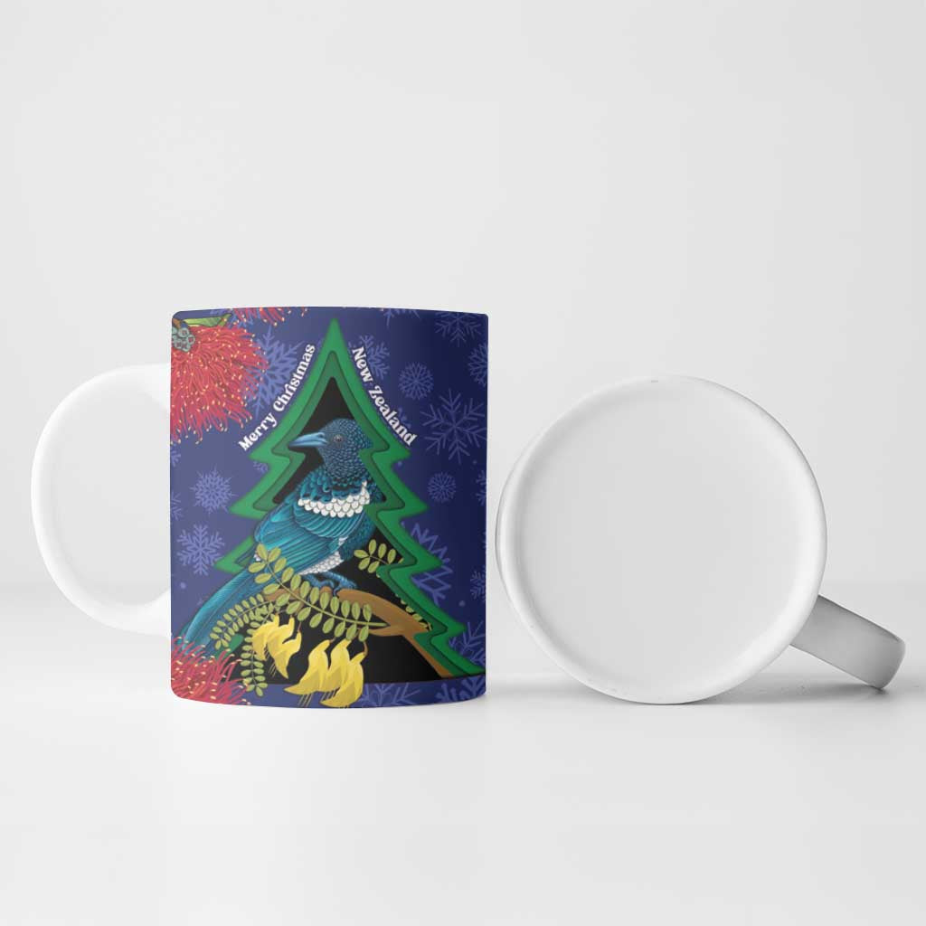 New Zealand Christmas In July Ceramic Mug Kowhai Tui Bird With Pohutukawa - Blue - Polynesian Pride