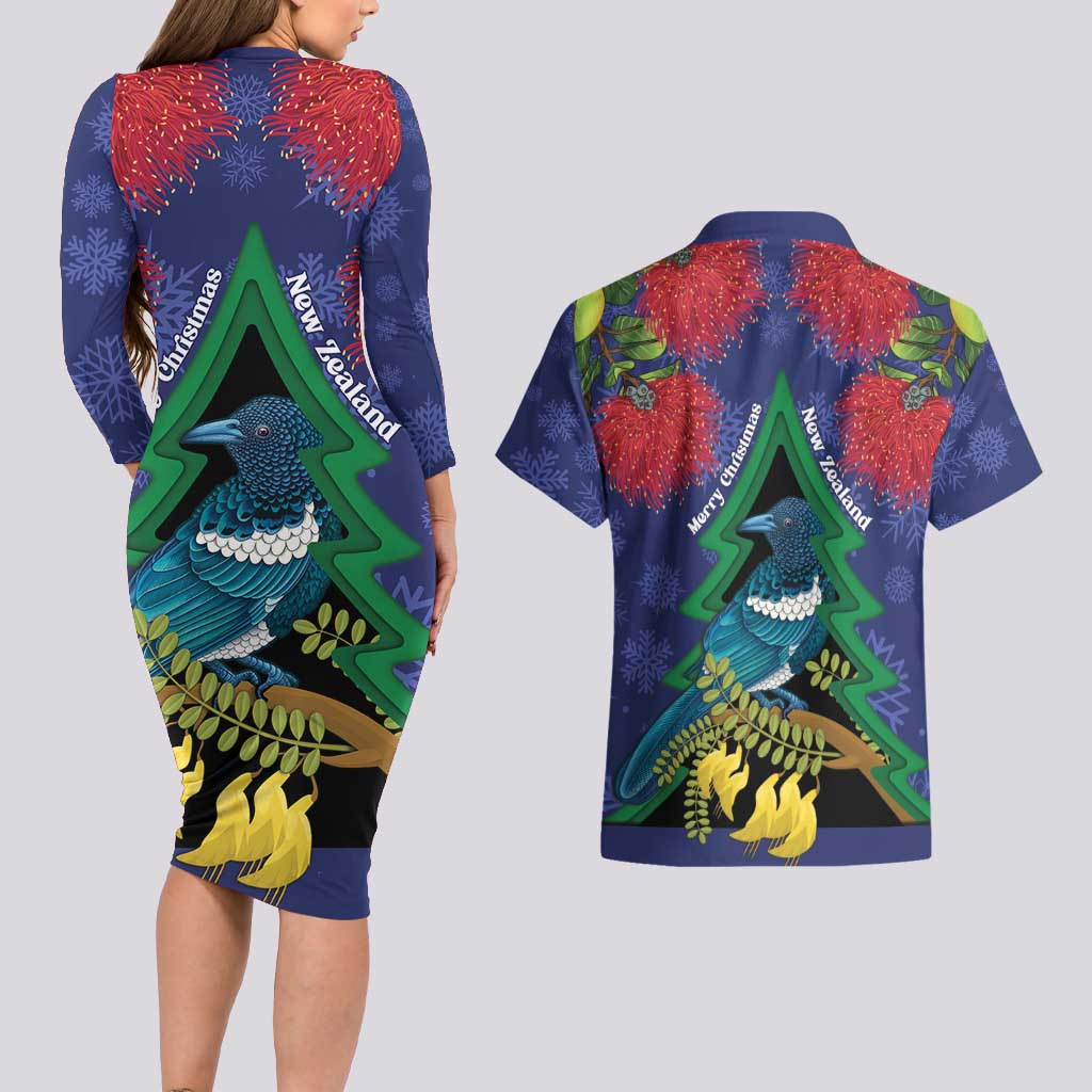 New Zealand Christmas In July Couples Matching Long Sleeve Bodycon Dress and Hawaiian Shirt Kowhai Tui Bird With Pohutukawa - Blue