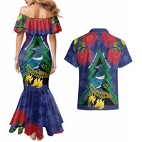 New Zealand Christmas In July Couples Matching Mermaid Dress and Hawaiian Shirt Kowhai Tui Bird With Pohutukawa - Blue