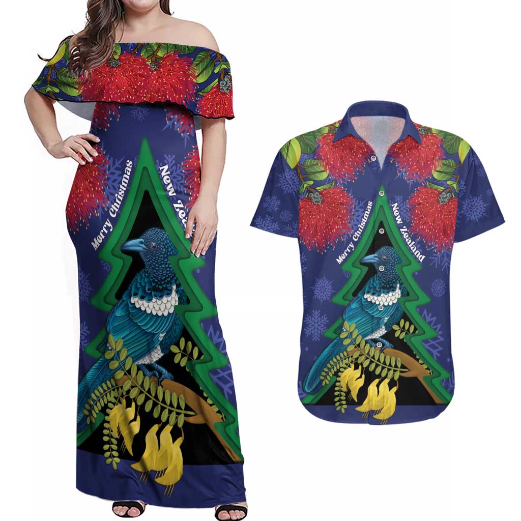 New Zealand Christmas In July Couples Matching Off Shoulder Maxi Dress and Hawaiian Shirt Kowhai Tui Bird With Pohutukawa - Blue
