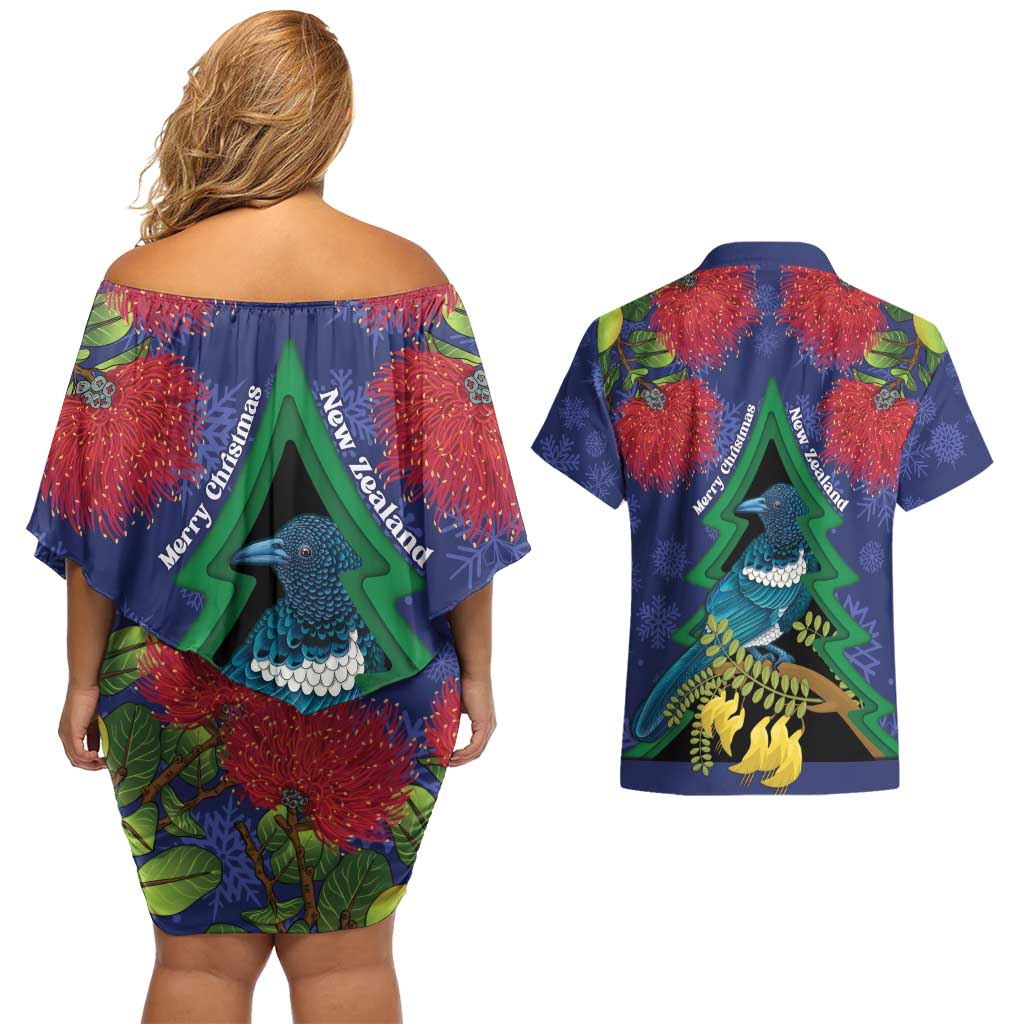 New Zealand Christmas In July Couples Matching Off Shoulder Short Dress and Hawaiian Shirt Kowhai Tui Bird With Pohutukawa - Blue