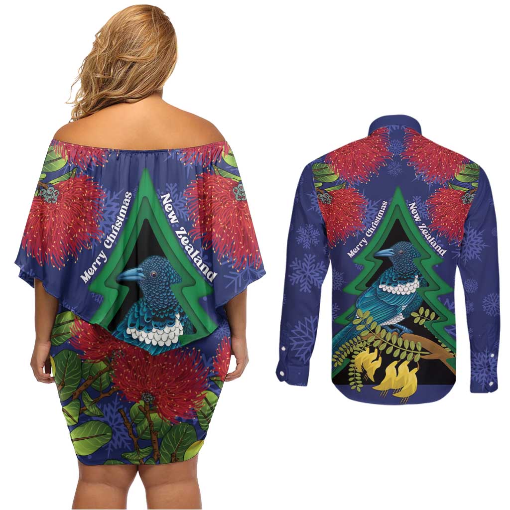 New Zealand Christmas In July Couples Matching Off Shoulder Short Dress and Long Sleeve Button Shirt Kowhai Tui Bird With Pohutukawa - Blue