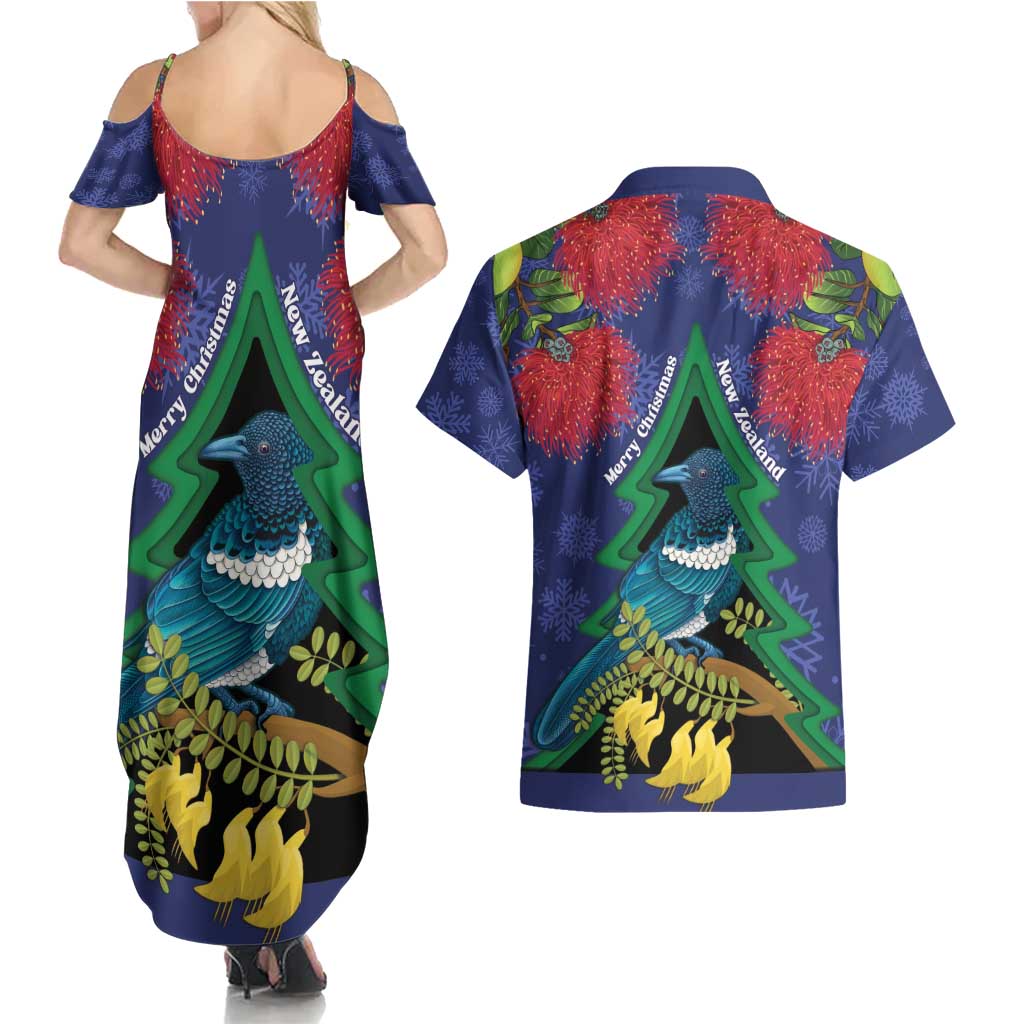 New Zealand Christmas In July Couples Matching Summer Maxi Dress and Hawaiian Shirt Kowhai Tui Bird With Pohutukawa - Blue