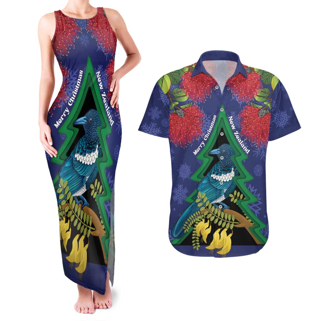 New Zealand Christmas In July Couples Matching Tank Maxi Dress and Hawaiian Shirt Kowhai Tui Bird With Pohutukawa - Blue