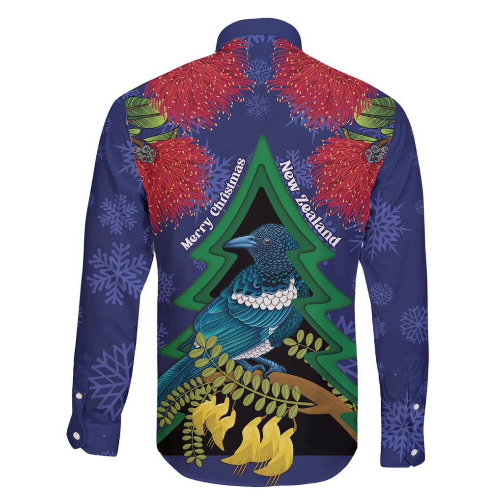 New Zealand Christmas In July Family Matching Long Sleeve Bodycon Dress and Hawaiian Shirt Kowhai Tui Bird With Pohutukawa - Blue
