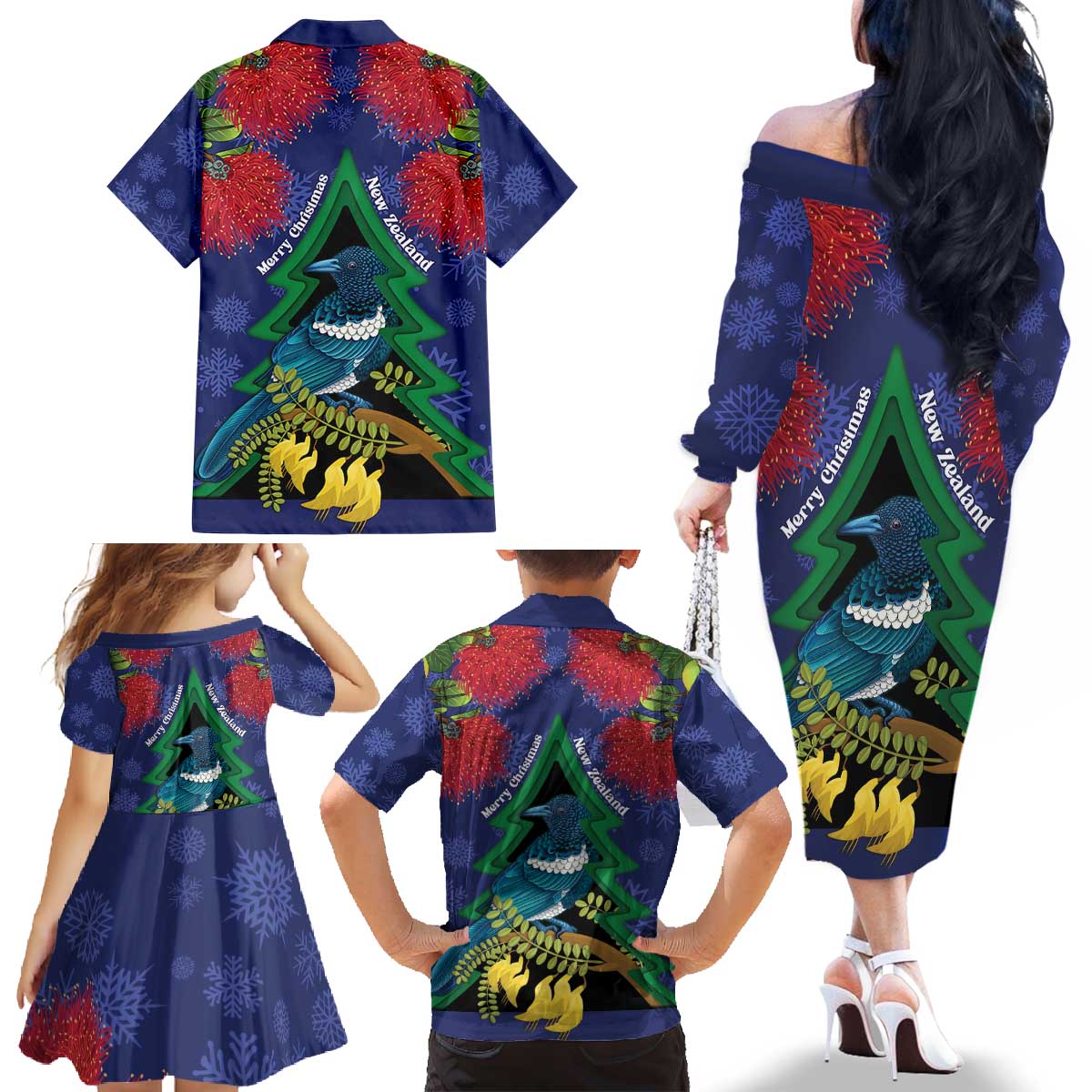 New Zealand Christmas In July Family Matching Off The Shoulder Long Sleeve Dress and Hawaiian Shirt Kowhai Tui Bird With Pohutukawa - Blue