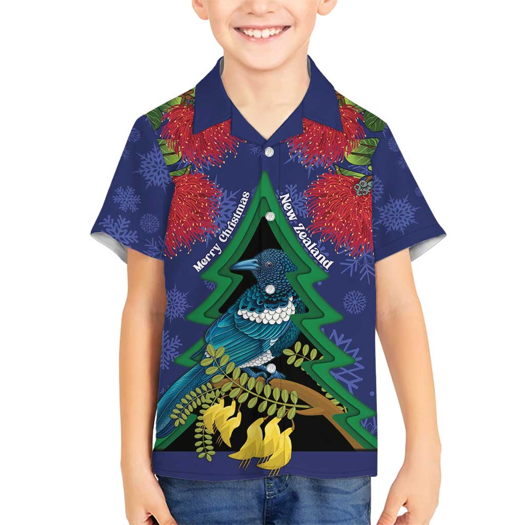 New Zealand Christmas In July Family Matching Off Shoulder Maxi Dress and Hawaiian Shirt Kowhai Tui Bird With Pohutukawa - Blue