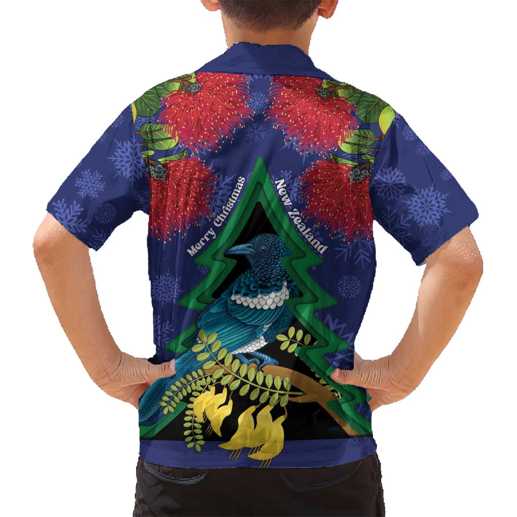 New Zealand Christmas In July Family Matching Puletasi and Hawaiian Shirt Kowhai Tui Bird With Pohutukawa - Blue