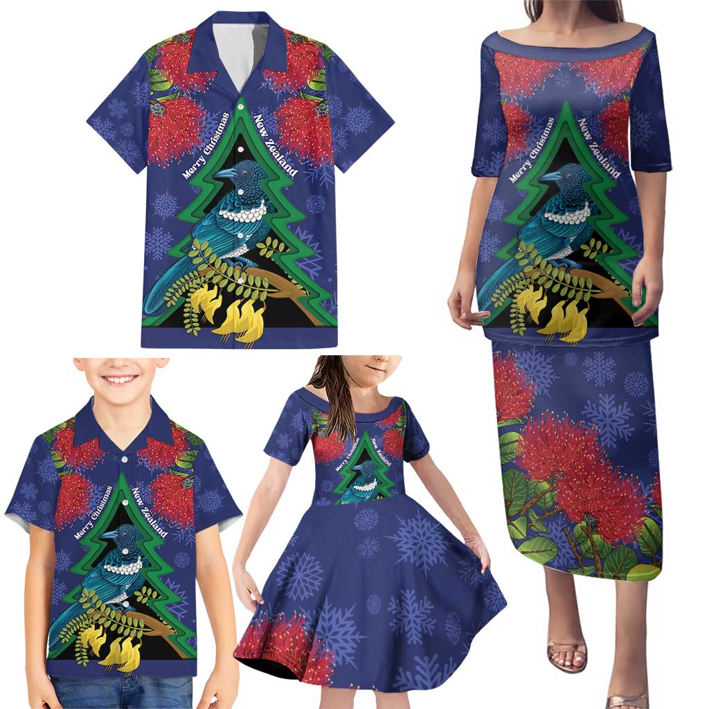 New Zealand Christmas In July Family Matching Puletasi and Hawaiian Shirt Kowhai Tui Bird With Pohutukawa - Blue