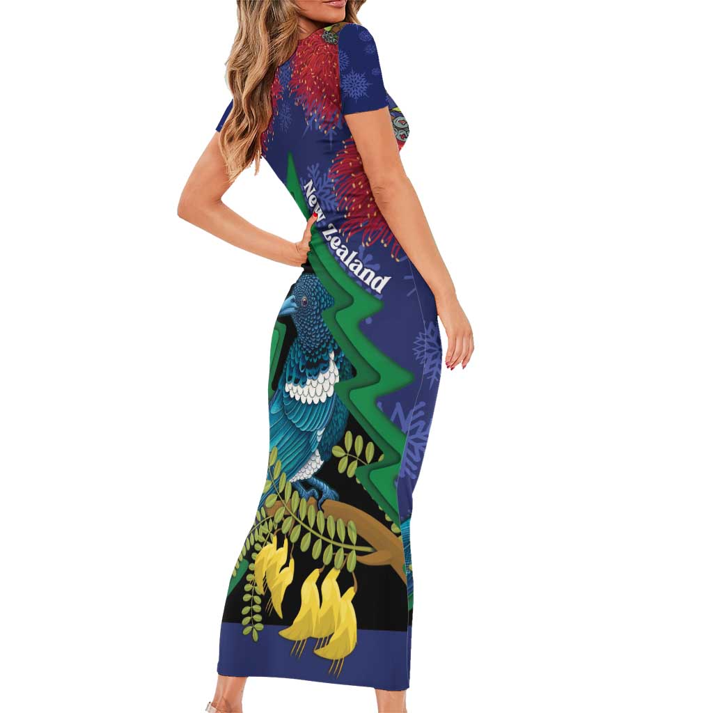 New Zealand Christmas In July Family Matching Short Sleeve Bodycon Dress and Hawaiian Shirt Kowhai Tui Bird With Pohutukawa - Blue