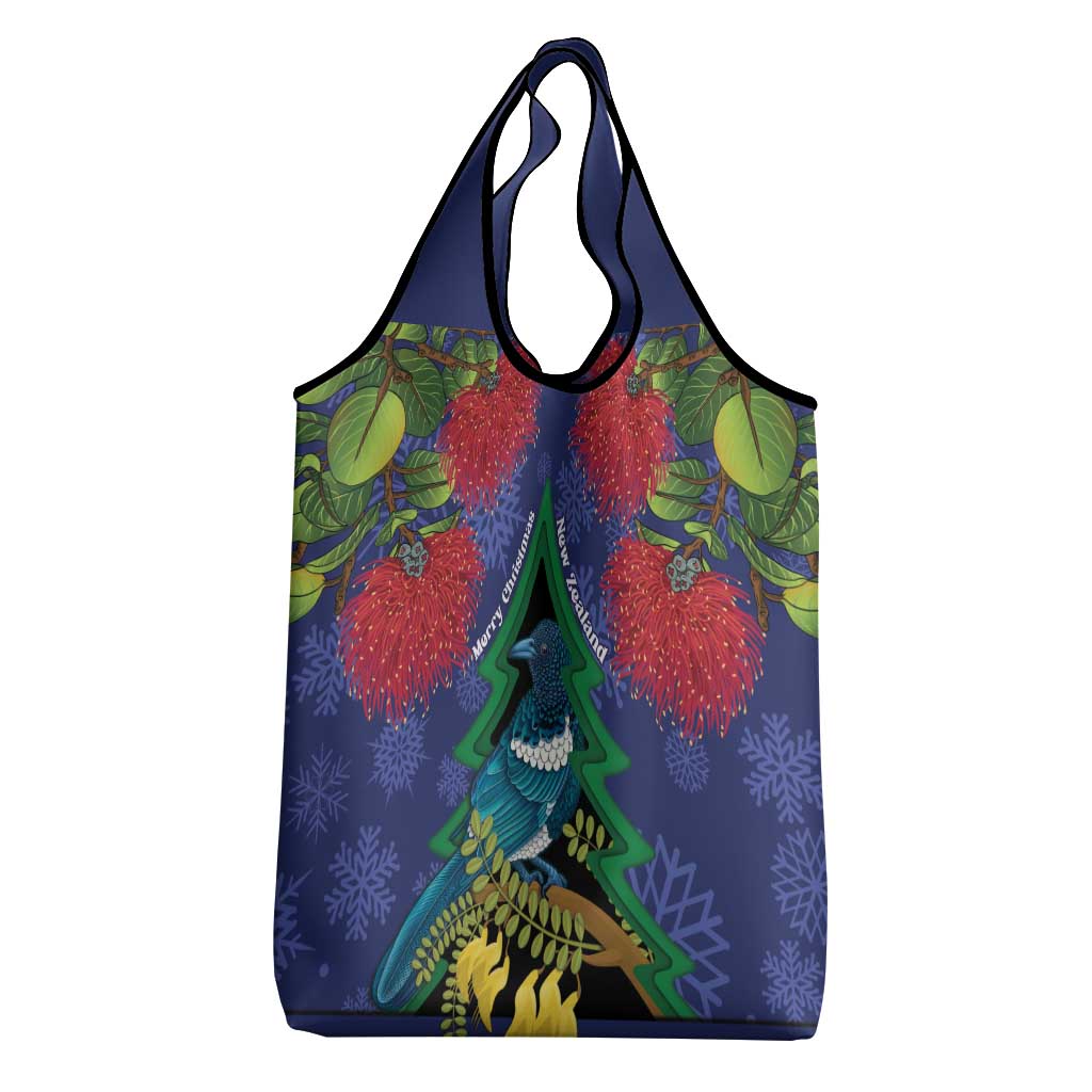 New Zealand Christmas In July Grocery Bag Kowhai Tui Bird With Pohutukawa - Blue
