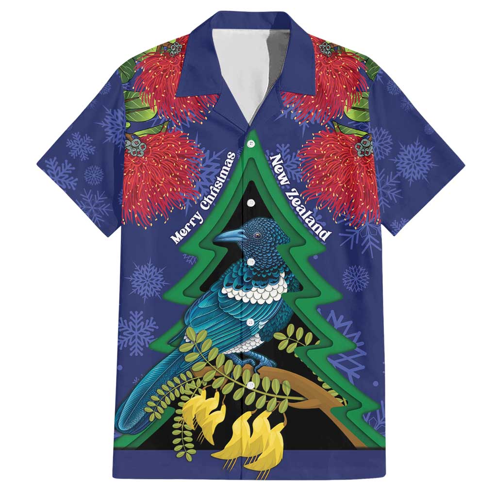 New Zealand Christmas In July Hawaiian Shirt Kowhai Tui Bird With Pohutukawa - Blue