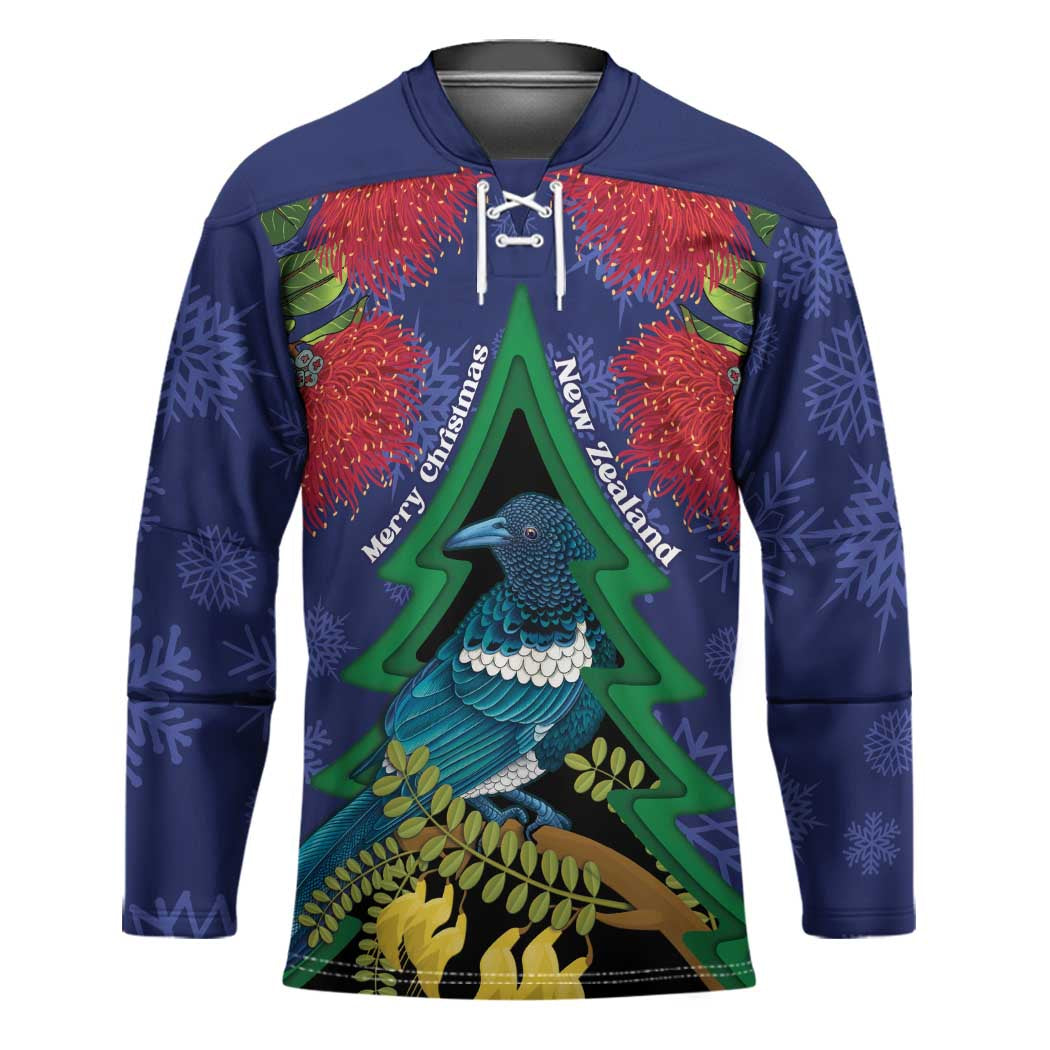 New Zealand Christmas In July Hockey Jersey Kowhai Tui Bird With Pohutukawa - Blue - Polynesian Pride