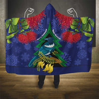 New Zealand Christmas In July Hooded Blanket Kowhai Tui Bird With Pohutukawa - Blue