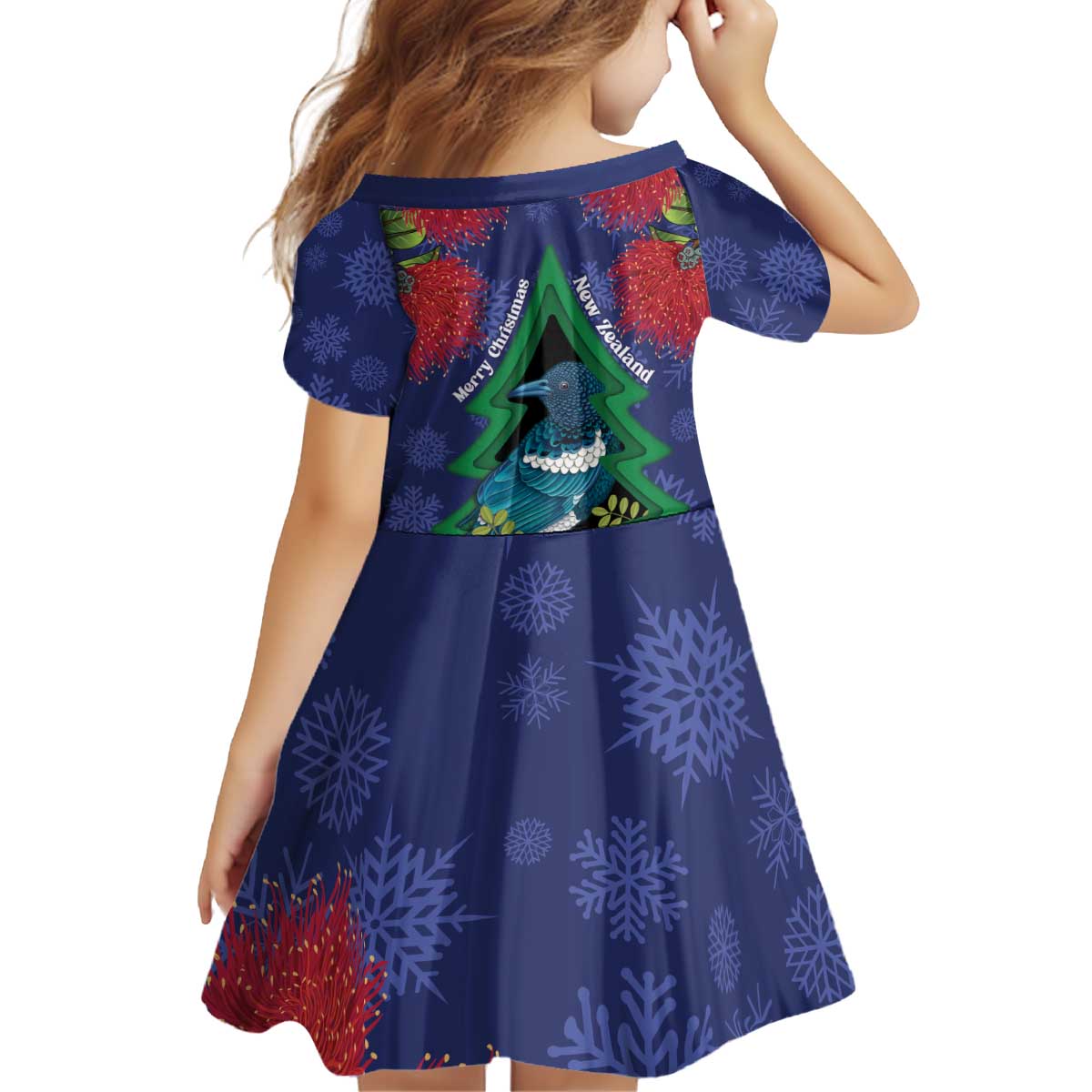 New Zealand Christmas In July Kid Short Sleeve Dress Kowhai Tui Bird With Pohutukawa - Blue