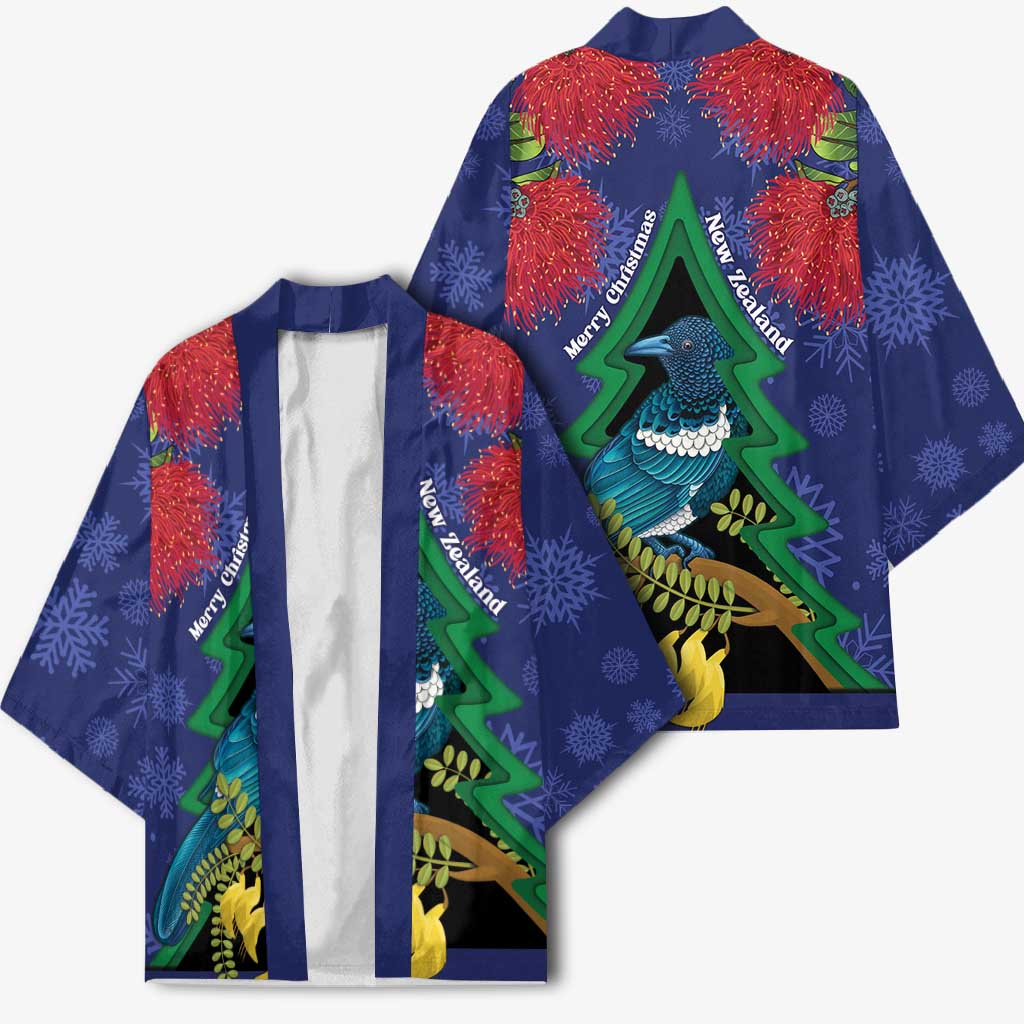 New Zealand Christmas In July Kimono Kowhai Tui Bird With Pohutukawa - Blue - Polynesian Pride