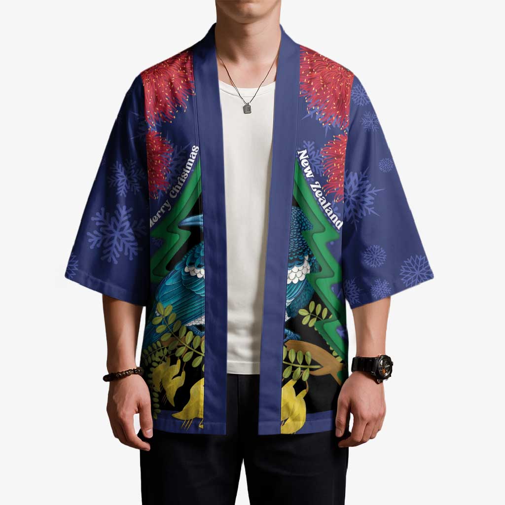 New Zealand Christmas In July Kimono Kowhai Tui Bird With Pohutukawa - Blue - Polynesian Pride